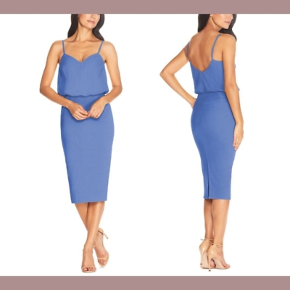 Dress the Population Alondra Blouson Cobalt Blue Midi Dress XS